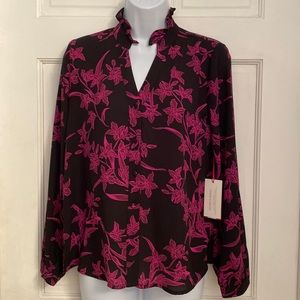 Vince Camuto Black/Pink Ruffle Neck Long Sleeve Sheer Blouse XS NWT